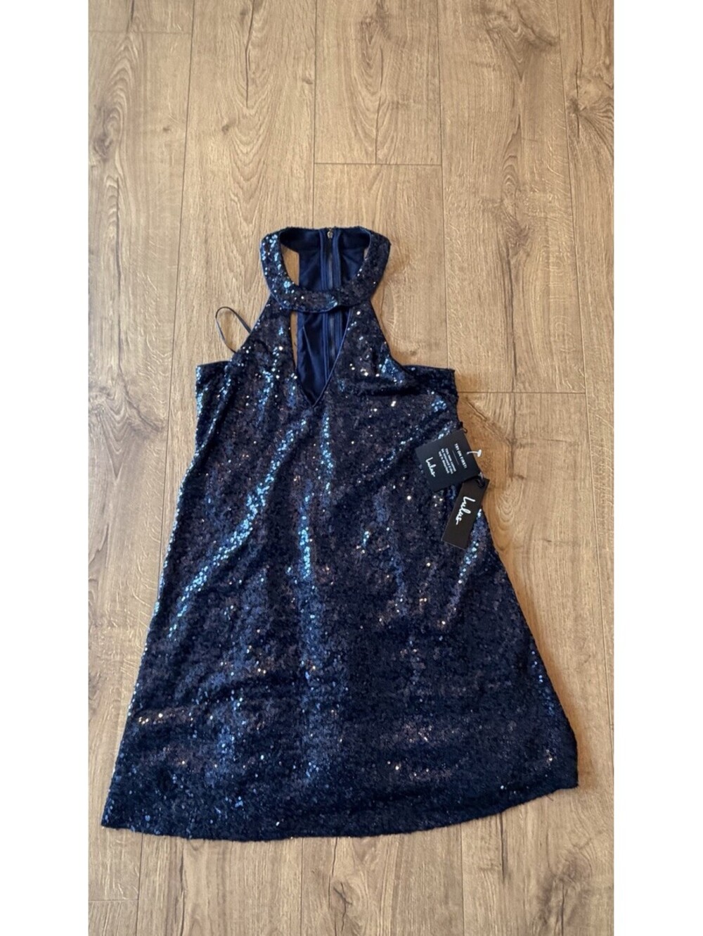 Lulus navy blue sequin mini dress with halter neck